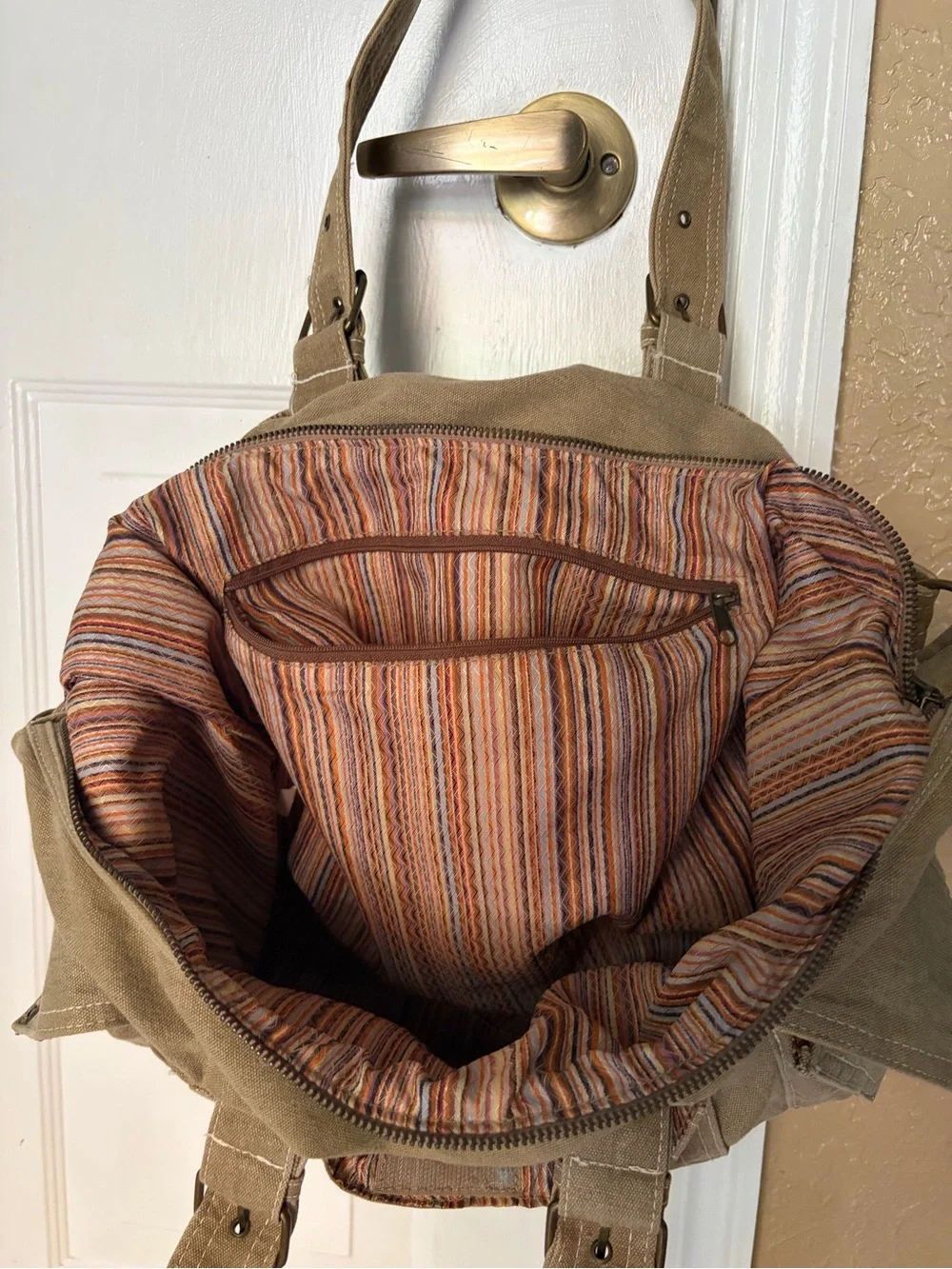 Khaki Canvas Utility Tote Bag | Multi Pocket Shoulder Bag